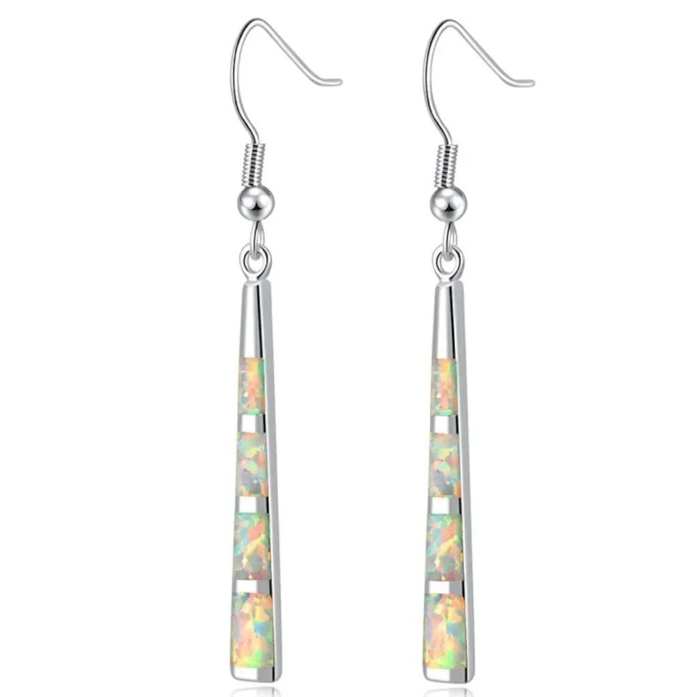 14K White Gold with Genuine White Fire Opal Dangling Hook Tapered Bar Earrings